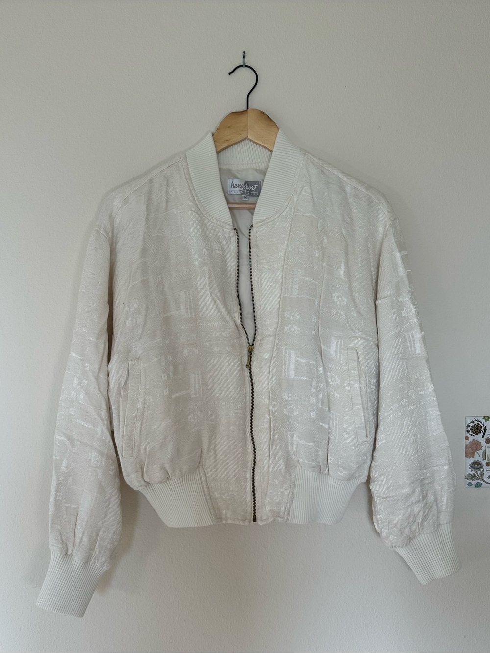 80s Cream Satin-Texture Bomber Jacket